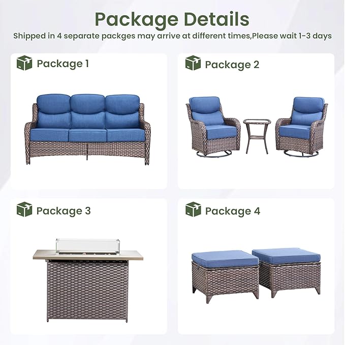 Luxury Patio Furniture Set with 6-inch Thick Cushion, Outdoor Furniture with Fire Pit Table, Swivel Chairs, Sofa, Side Table, Ottomans, 7pcs Wicker Conversation Set for Deck Yard and Poolside(Blue)
