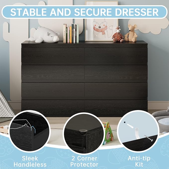 OtterOasis Black Wood Dresser for Bedroom, 8 Drawer Dressers for Clothes Storage, Modern Dresser with Wide Drawers, Wide Wooden Chest Drawers for Living Room|Entryway|TV Stand(55" W x15.4 Dx32.3 H) - Image 5