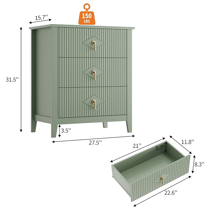 GarveeHome 2Pcs Wood Nightstand Fluted Dresser for Bedroom, 27.5" Wide 3-Drawer Bedside Tables, Modern Chest of Drawers, Storage End Table Living Room, Hallway, Entryway, Green - Image 3