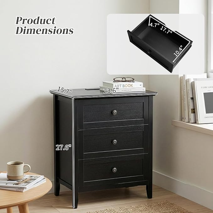 Karl home Farmhouse Nightstand with Charging Station, Wide End Table with 3 Large Drawers & Mental Handles, Wood Small Side Table of Drawers for Bedroom, Closet, Black - Image 5
