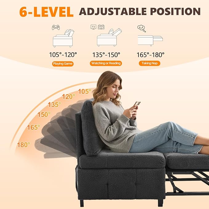 VINGLI Convertible Sofa Bed Tufted Teddy Fleece Sleeper Chair Bed Couch Armless Living Room Chairs with Adjustable Backrest Pull Out Couch Bed for Small Spaces | Armless Sofa Bed