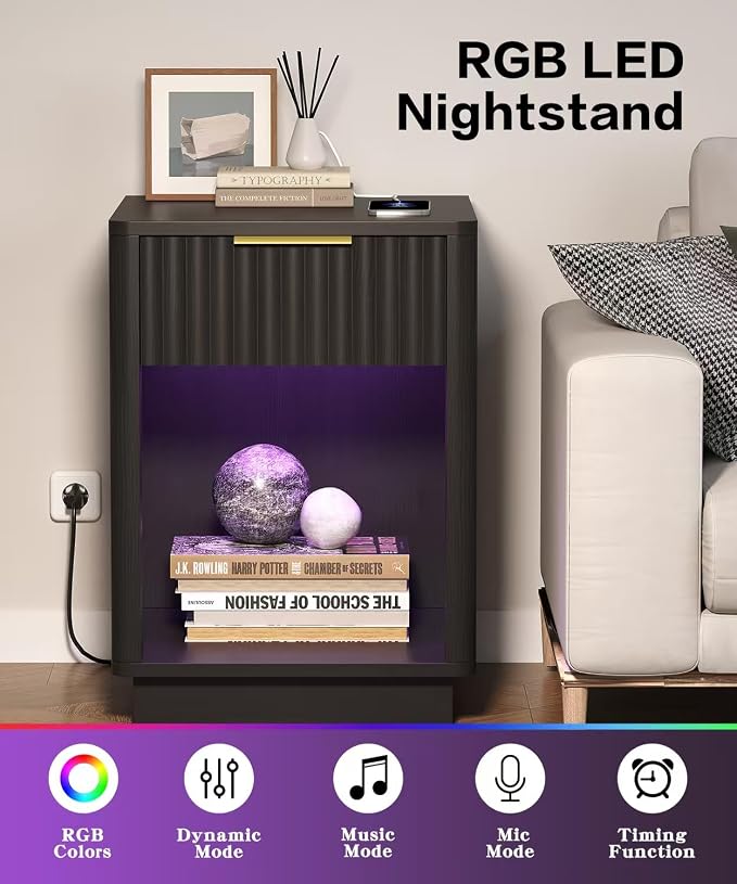 Akxomel Fluted Nightstands Set of 2, Wooden Night Stand with Charging Station and LED Light, Modern Mid Century End Table with Drawer, 15" D x 15.7" W x 22.6" H, for Bedroom, Black - Image 4