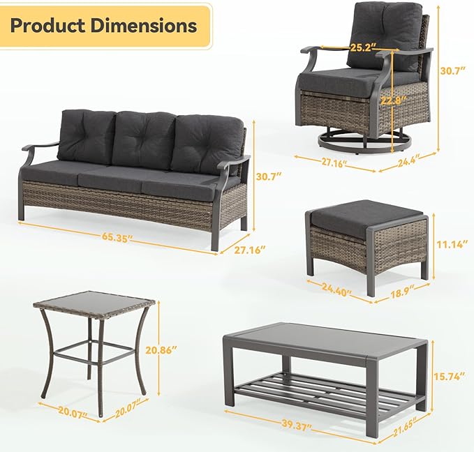 Outdoor Patio Furniture Set, 7 Pieces Outdoor Conversation Sets with Coffee Table, Side Table & Ottoman, Wicker Rattan Outdoor Sectional Sofa Set for Backyard, Deck, Porch, Poolside, Gray