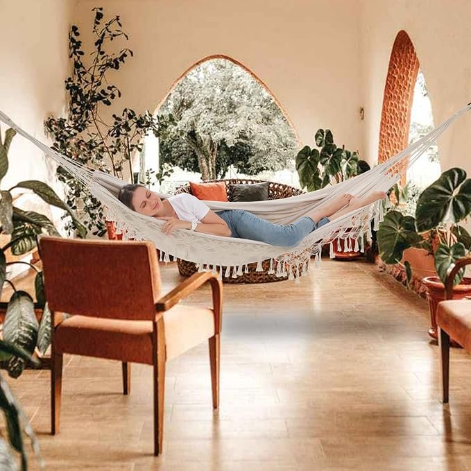 Hammock Hanging Swing Double Max 500lbs Macrame for Indoor Outdoor Patio Yard Garden (Beige) - Image 5