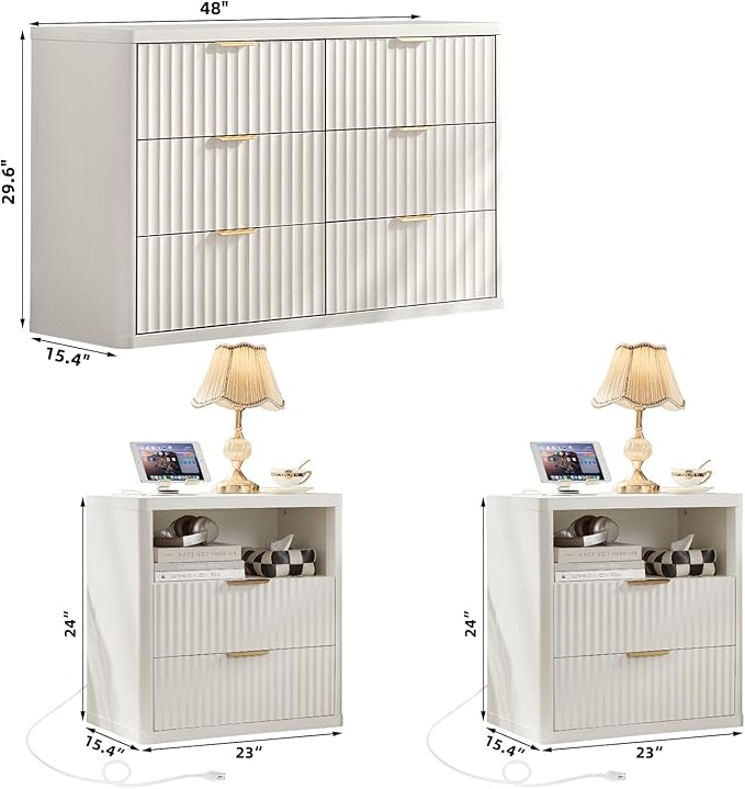 LEYAOYAO 48" Wide Fluted Dresser and 2 Drawers 23" Nightstand Set of 2,Wooden Dresser & Night Stand with Charging Station, 3 Piece Bedroom Furniture Set,Chest of Drawer for Living Room,Antique White