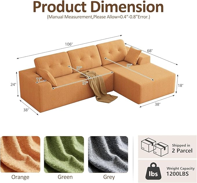 Ball & Cast 106'' Modular Sectional Boneless Couch for Living Room, Convertible Chenille Modern L Shape Couch with Pillows, Comfy 27''Deep Seat CompressionSofa,No Assembly,Right Facing(Orange)