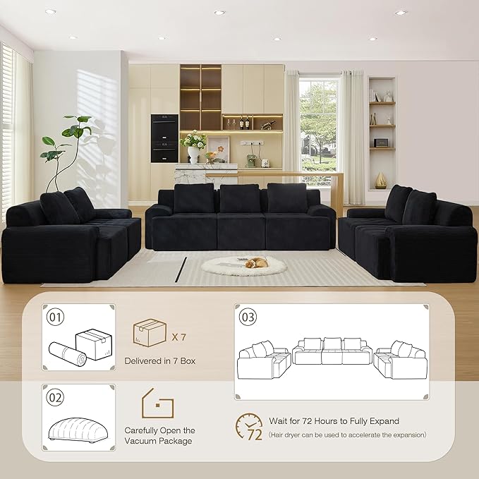 Modular Sectional Sofa, Boneless Couches for Living Room, Corduroy Couch, Big Comfy Couch, Modular Cloud Sofa with Deep Seat (Black, 7 Pieces-Rowshape 3 Side)