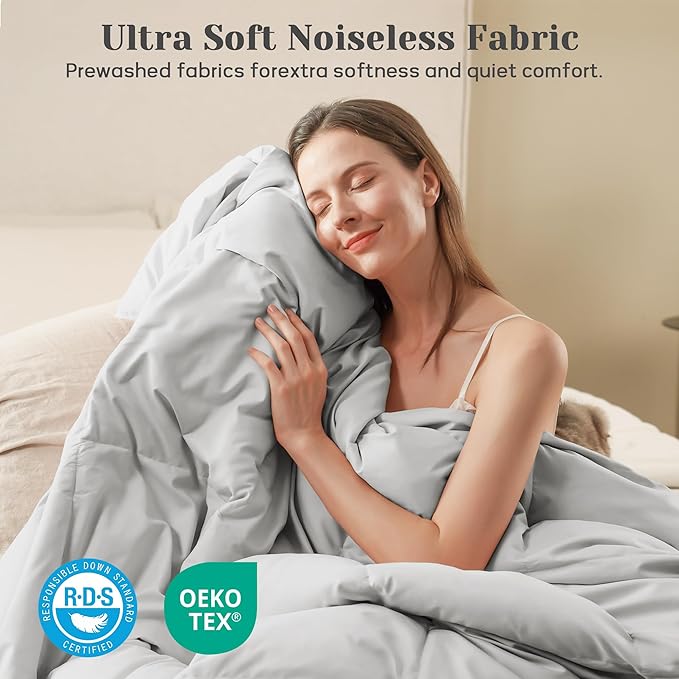 Joysoul Twin Size Down Comforter - All Season Ultra Soft Goose Down & Feather Fiber Fill, Luxury Hotel Light Gray Duvet Insert with Corner Tabs (68" X 88")
