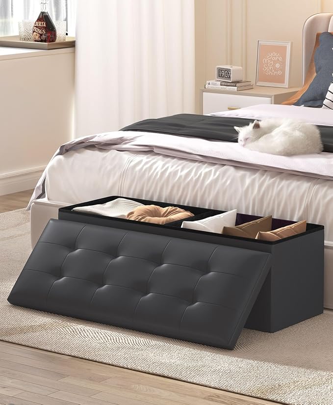 OS MOTOR Folding Storage Ottoman Bench, Multi-Functional Ottoman Foot Rest, End of Bed Bench, Storage Chest for Living Room, Bedroom, Hallway, Entryway, Holds Up to 600 lbs (Black, 43 Inches) - Image 2