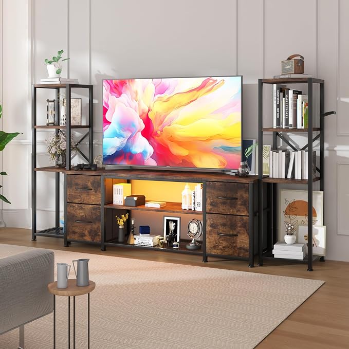 LED TV Stand Bookshelf Combo with Charging Station for 65 60 55 Inch TV, Entertainment Center with Lights & Drawers, Industrial Media TV Console Table for Living Room Bedroom Office, Rustic Brown - Image 8