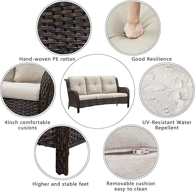 HUMMUH Patio Furniture Set 7 Pieces Wicker Outdoor Sectional Sofa with Swivel Rocker Chairs,Coffee Side Table,Outdoor Ottomans for Patio