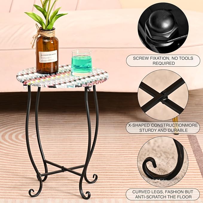 Patio Side Table, Versatile 14" Round Side Table Metal Stand for Balcony Yard Porch Bedside Rocking Chair and Pool Chair, Weather Resistant Accent Table for Indoor Outdoor Use, Easy Assembly - Image 5