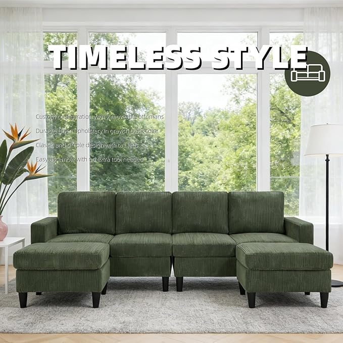 101" L-Shape Modular Sectional Couch, Convertible Corduroy Couch with 2 Ottomans, Modern 4 Seater Upholstered Modular Sectional Sofa for Apartment, Living Room, Dark Green