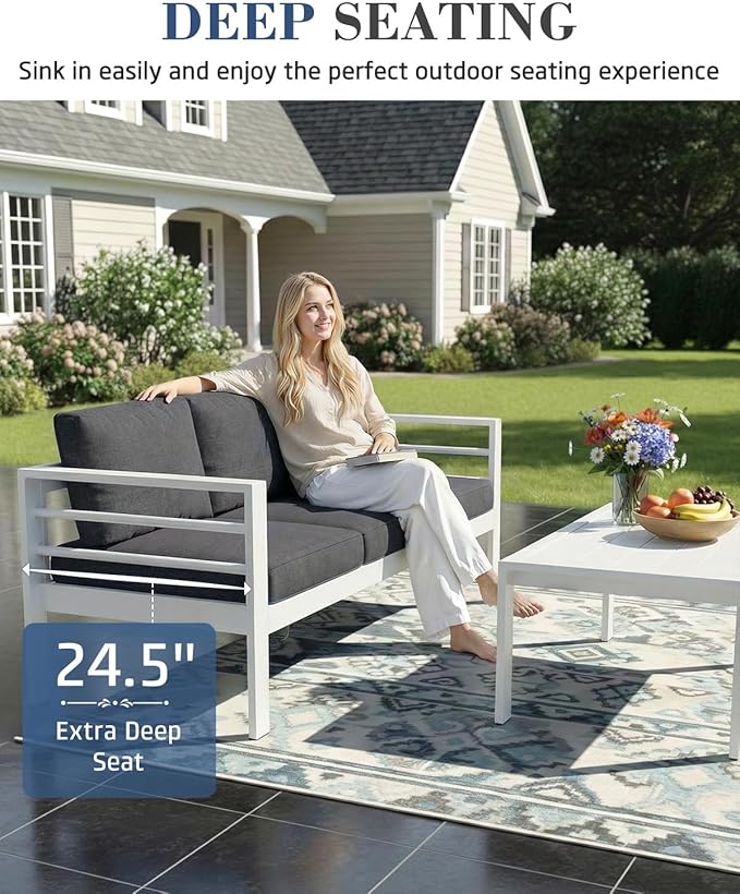 AECOJOY Aluminum Patio Furniture Set, 9 Seats Modern Outdoor Furniture with Coffee Table, 7 Pieces Metal Conversation Sectional Sofa, White Frame/Dark Gray Cushion