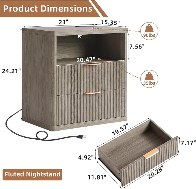 LEYAOYAO Fluted Farmhouse Nightstand Set of 2 with Charging Station, 23" Wide 2 Drawers End Table,Grey Dresser for Bedroom,Bed Side Table Chest of Drawers Cabinet,Wood Night Stand for Living Room - Image 3