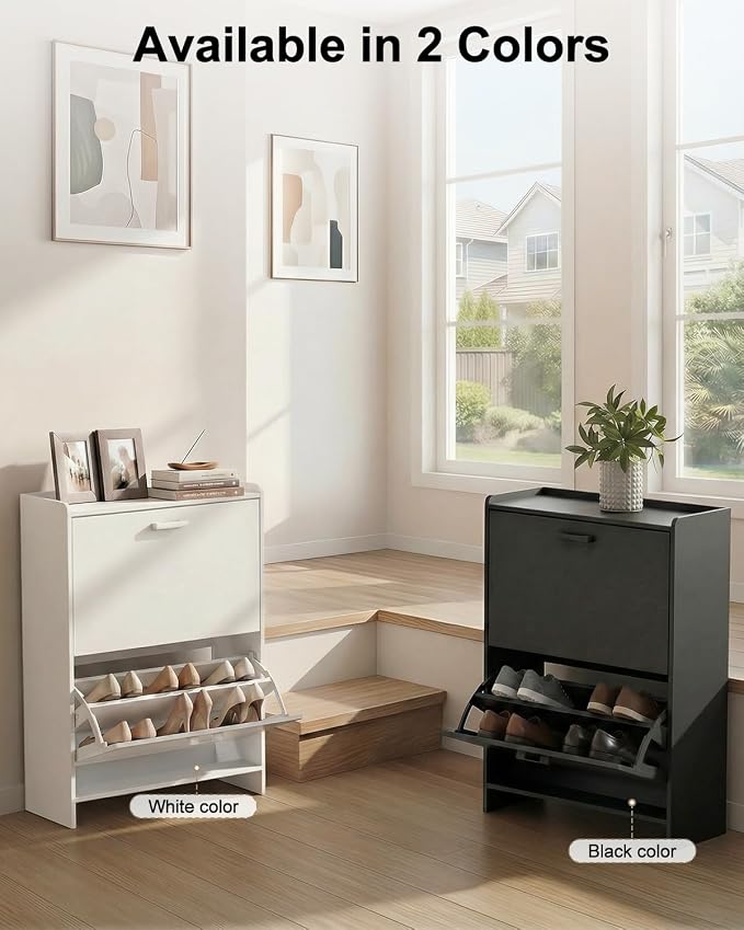 Shoe Cabinet with 2 or 3 Flip Drawers, Narrow Shoe Storage Cabinet, Hidden Shoe Organizer for Entryway, Space Saving Shoe Rack for Hallway, Living Room (White, 2 Drawers with Handle) - Image 7