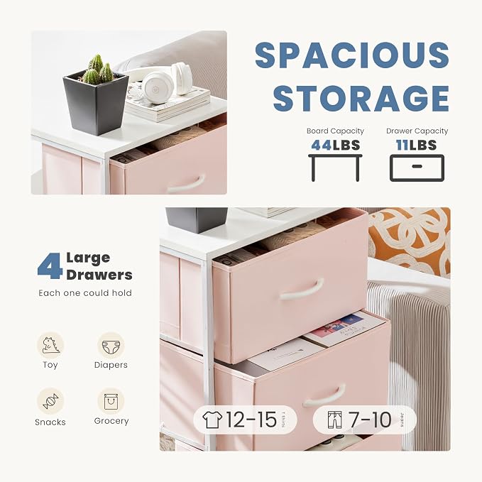 DUMOS Nightstand with 4 Drawers Bedside Table with Removable Fabric Bins Sturdy Steel Frame Wood Top Organizer Furniture for Bedroom Closet Living Room,Pink - Image 4
