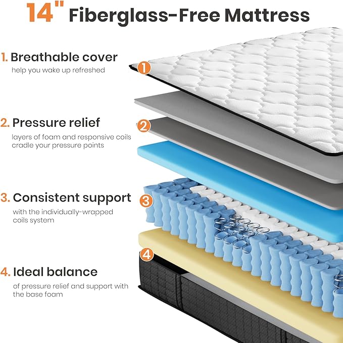 Queen Mattress 14" Hybrid Mattress - Medium-Firm Support - Made in USA - Individually Pocketed Coils & CertiPUR-US Foam - Fiberglass-Free - Bed in a Box