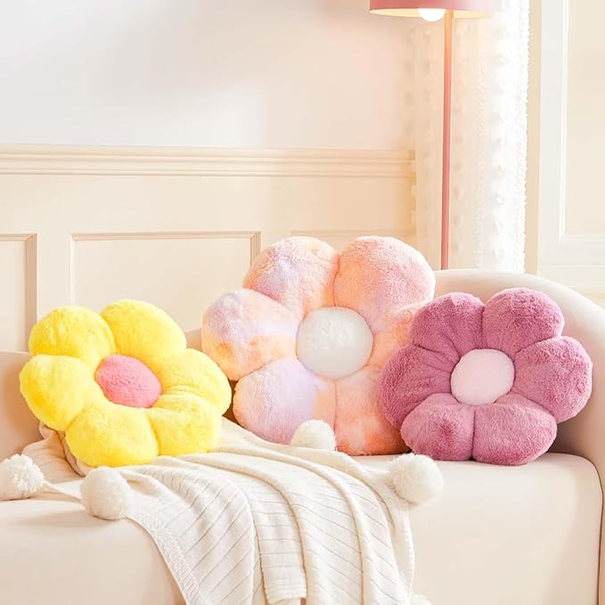 Kcvvcr Flower Pillow Cute Decorative Throw Pillow with Faux Rabbit Fur Soft Daisy Plush Floor Cushion Aesthetic Flower Shaped Pillow Home Decor for Bed Sofa Couch (Yellow 19.6 Inch)