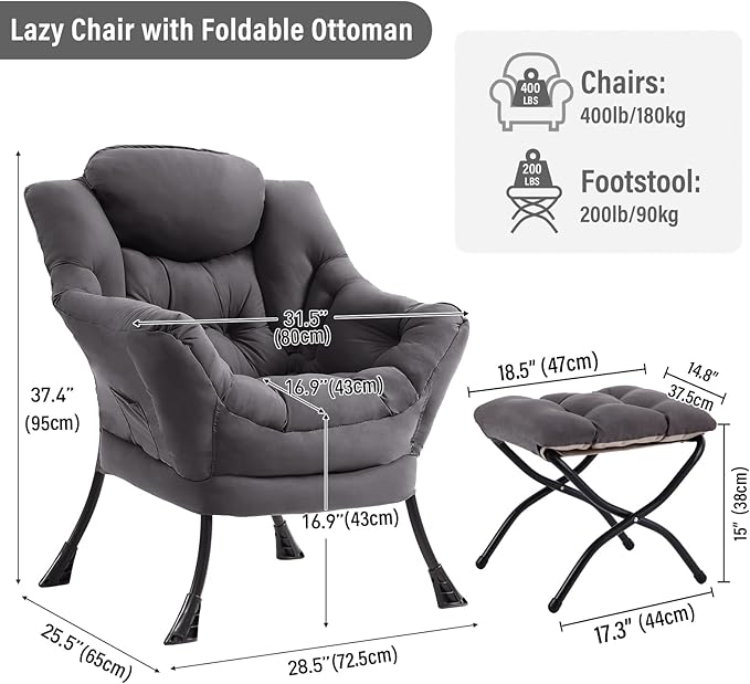 Furlide Lazy Chair with Ottoman, Modern Chair with Folding Footrest, Dark Grey Accent Chair, Comfortable Reading Chair, Oversized Armchairs for Bedroom, Study, Living Room, Courtyard