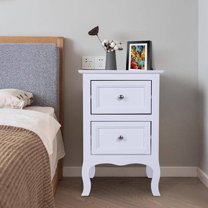 Karl home White Nightstand Set of 2. Farmhouse End Side Table Set of 2 Bedside Nightstands Chest with Drawers Small Night Stand with 2 Drawer and Solid Wood Legs for Bedroom - Image 2