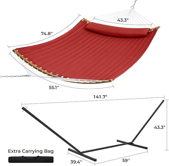 SUPERJARE Hammock with Stand, 2 Person Heavy Duty Hammock with Padded Cotton, Detachable Pillow & Strong Curved-Bar & Portable Carrying Bag, Perfect for Outdoor & Indoor, Red - Image 8