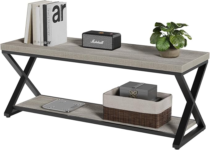 IBF Industrial Wood Entryway Bench, Indoor Farmhouse Hallway Accent Entry Bench for Seating Sitting with Storage, Metal Shoe Rack Grey Bench Organizer in Foyer Bedroom, Light Grey Oak, 47 Inch Long - Image 9