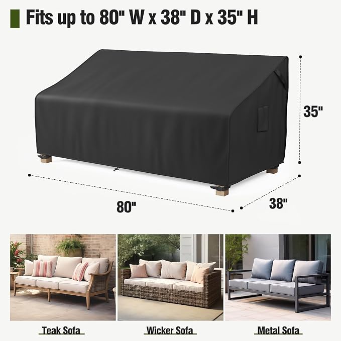 MR. COVER 3-Seater Outdoor Couch Cover Waterproof, 80 Inch Patio Furniture Cover for Sofa, Heavy Duty Polyester & Double-Stitched Seams, Classic Black - Image 2