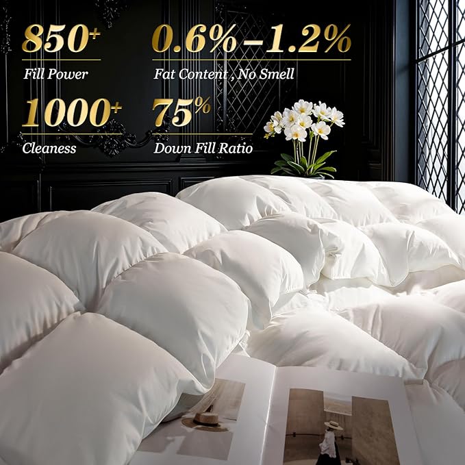 75% Canadian Goose Down Comforter Oversized King Size, Ultra Soft 100% Cotton Fabric, 850 Fill Power All Season Duvet Insert, Hotel Luxury Bedding Comforters (White,120"x98")