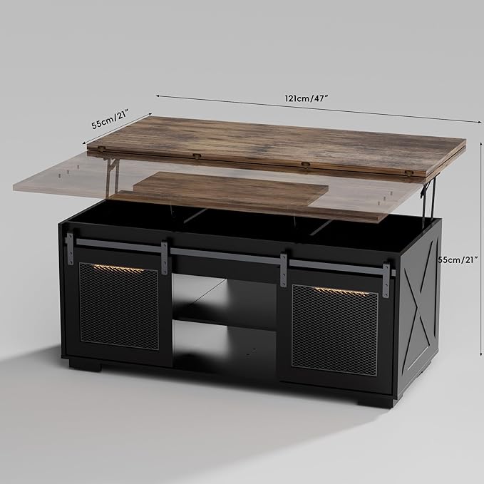 Upgraded Coffee Table with Lifting Top And Sliding Doors, Thick Panels, Industrial Metal Mesh Sides, Dual LED Accent Lights, Large Storage Center farmhouse square Table for Living Room, Chestnut Black