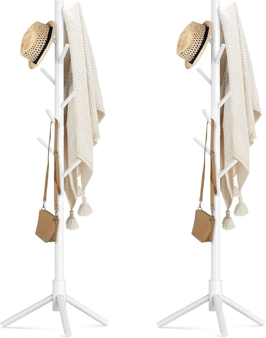 Haddockway Wooden Coat Rack Stand with 8 Hooks New Zealand Pine 3 Adjustable Coat Standing Tree Easy Assembly for Coats, Hats, Scarves and Handbags for Entryway, Hallway, Bedroom, Office,2 PCS by Haddockway