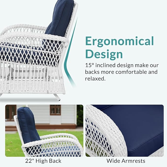 MEETWARM Patio Wicker Rocking Glider Set, All-Weather Outdoor Rattan Patio Rocking Chairs of 2, Patio Conversation Set with Thickened Cushions for Porch Backyard & Garden, White Wicker/Navy
