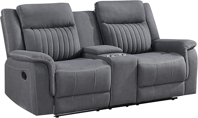 Lexicon Manual Double Reclining Loveseat, Polished Microfiber Manual Wall Hugger Loveseat Recliner for Living Room, Center Storage Console/Cup Holders, Easy Assembly, Gray