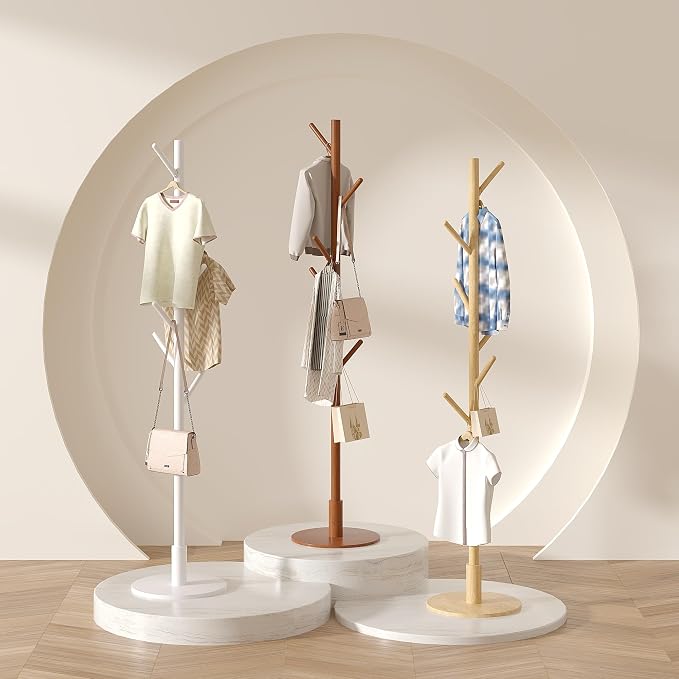 VECELO Coat Rack Freestanding, Entryway Hanger Stand, Umbrella Holder, Hall Tree With Hooks, Floor Standing Metal Tree Stand,Walnut - Image 2