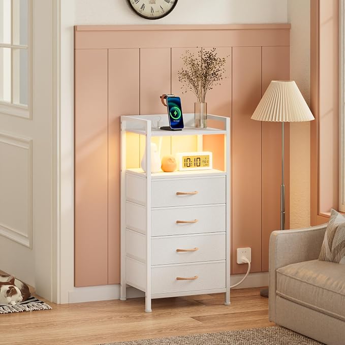 Furnulem White Nightstand with Charging Station, Night Stand Side Table with Led Light, Tall Dresser for Bedroom with 4 Fabric Storage Drawers, Metal Frame, Wood Shelf(White) - Image 2