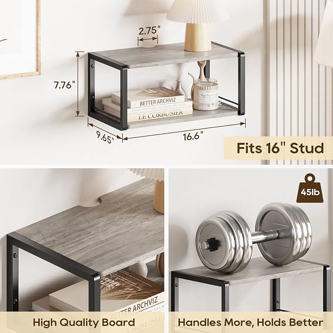 Floating Nightstand Set of 2, Wood Bedside Shelf Wall Mounted Nightstand with Heavy-Duty Frame, Floating Bedside Table for Bedroom, Bathroom, Kitchen, (Vintage Grey, 2 Pack) - Image 2