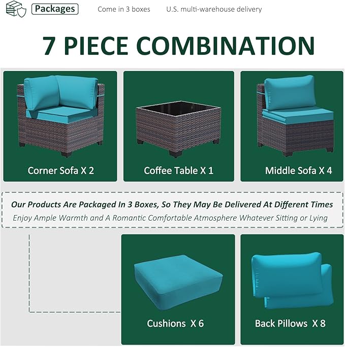 7 Pieces Outdoor Patio Furniture Set,Outdoor Sectional Furniture All Weather PE Rattan Wicker Patio Conversation Set with Coffee Table and 6 Thickened Cushions,Turquoise Blue