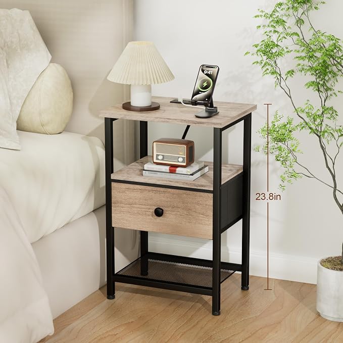 LOAKEKEL Night Stand with Charging Station, Small Bedside Table with Fabric Drawer, Nightstand with USB Ports & Outlets for Bedroom, Grey, HETS010GY-1 - Image 7