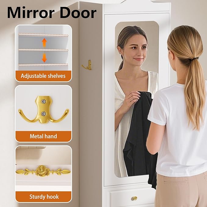 Armoire Wardrobe Closet, Updated White Bedroom Armoires Cabinet with Mirror Door and 3 Drawers, 15.7" W/69.5" H Clothing Storage Cabinet with Hanging Rod & Sensor Light for Bedroom-Left