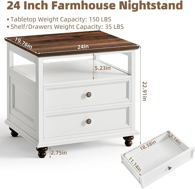 Joaxswe 24" Wide Farmhouse Night Stand,Large End Table with 2 Drawers & Metal Handle,Wood Dresser for Bedroom, White Bed Side Table Chest of Drawers Cabinet,Nightstand for Living Room,Closet - Image 2