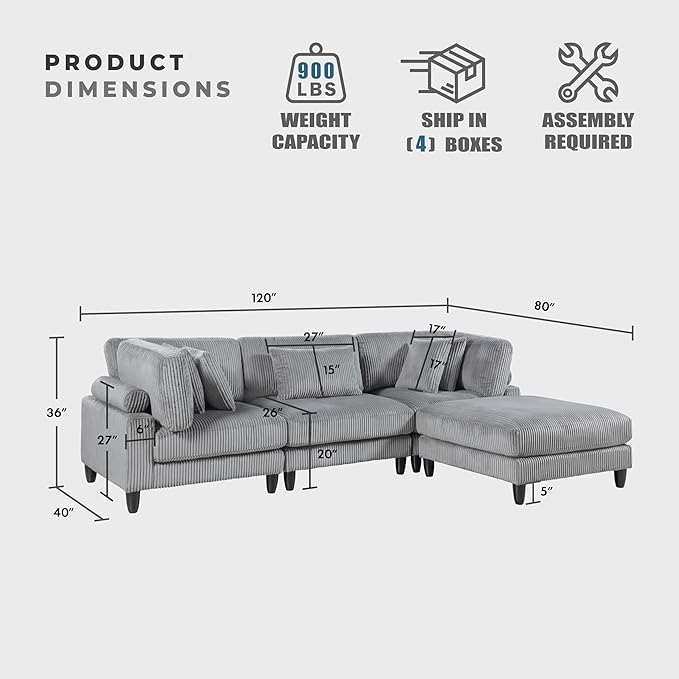 Lexicon 120 Inch Modular Sectional Sofa - Oversized 4 Seater Corduroy L Shaped Sectional Couch with Ottoman, 5 Accent Pillows, and Flexible Arrangement for Modern Living Rooms, Gray