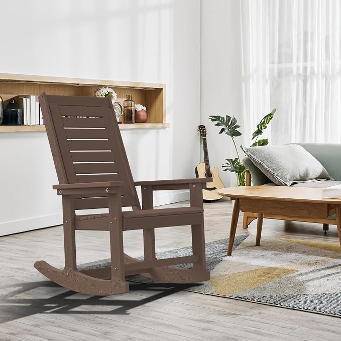 GREENVINES Outdoor Rocking Chairs | Porch Rocker | HDPE Plastic | Wood Grain | Oversized Rockers | High Back | Big & Tall | Ladder Back | Dark Brown | for Patio Outside - Image 2
