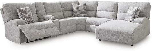Signature Design by Ashley Acklen Place Modern U-Shaped Modular Stain-Resistant 6-Piece Power Reclining Sectional with Chaise, Adjustable Headrest, USB Charging Ports and Console, Light Gray