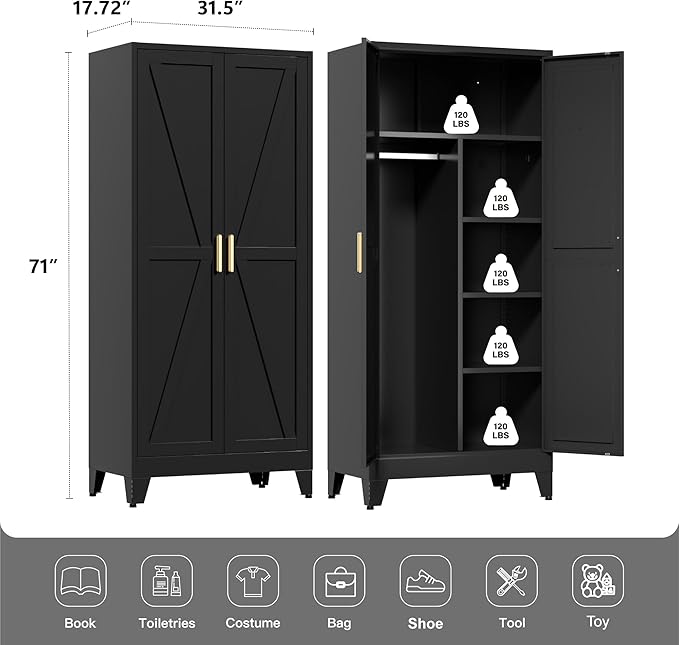 LCAOPC 71" Tall Metal Wardrobe Closet with Adjustable Shelves and Hanging Rod, 2 Doors Office Storage Locker Cabinet for Home, Office, Bedroom, Laundry Room, Black