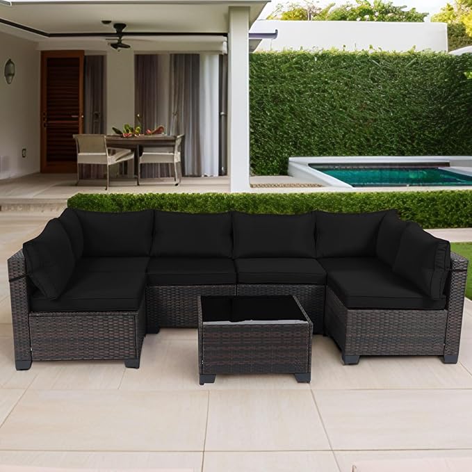 CHABATREE 7 Pieces Outdoor Patio Furniture Sets,Rattan Conversation Sectional Set,Manual Weaving Wicker Patio Sofa with Tea Table