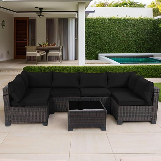 CHABATREE 7 Pieces Outdoor Patio Furniture Sets,Rattan Conversation Sectional Set,Manual Weaving Wicker Patio Sofa with Tea Table