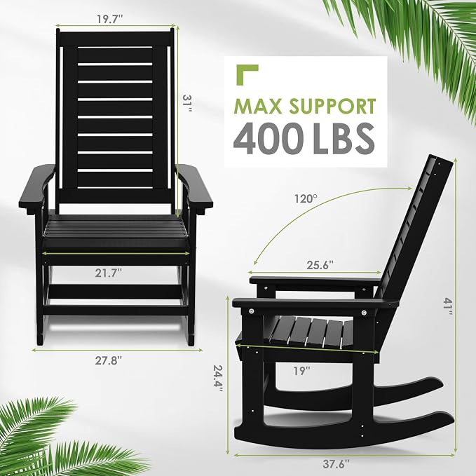 GREENVINES Outdoor Rocking Chair Set | 3-Piece | 2 Rocking Chairs with 1 Side Table | Porch Rocker | HDPE Plastic | Black | Patio Furniture Sets | High Back | Big & Tall | Ladder Back - Image 3