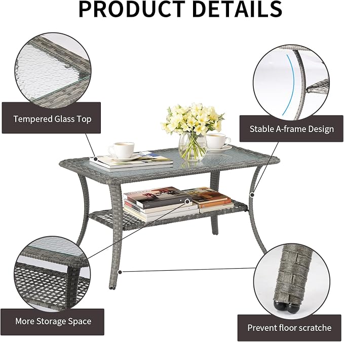 VINGLI Outdoor Coffee Table with Storage Wicker Patio Coffee Table, Tempered Glass Top Coffee Table for Patio Outside Balcony Porch Deck (Grey) - Image 5