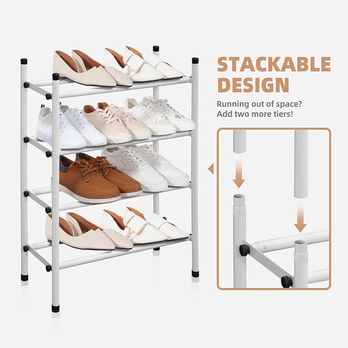 STORAGE MANIAC Expandable Shoe Rack, 8 Pairs Stackable Small Shoe Rack, Metal Adjustable Shoes Organizer for Closet, Entryway, Hallway, Garage, Front Door, Shoes Shelves, White 2 Tier - Image 5