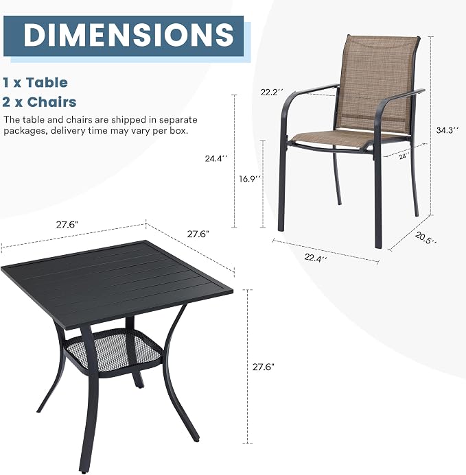 DIFY 3-Piece Outdoor Patio Bistro Dining Set, Black Small Square Dining Table & 2 Brown Stackable Metal Chairs with Breathable Fabric, Outdoor Furniture Set for Balcony, Porch, and Deck - Image 7